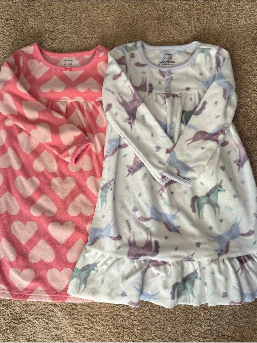 Carter's Pink Heart & White Unicorn Fleece Nightgowns with Ruffle Hem